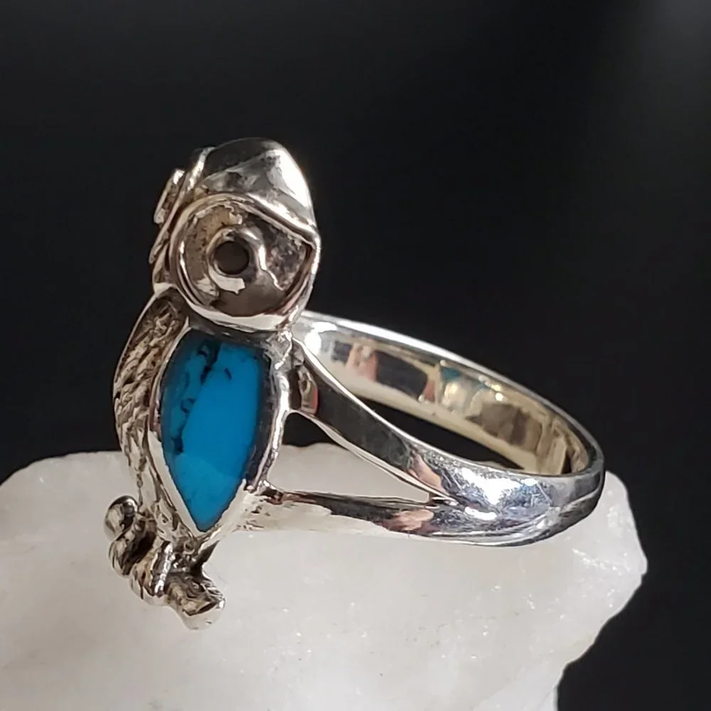 Sterling Silver 925 Ring Turquoise Stone Owl Jewelry Bird Designer Jewelry